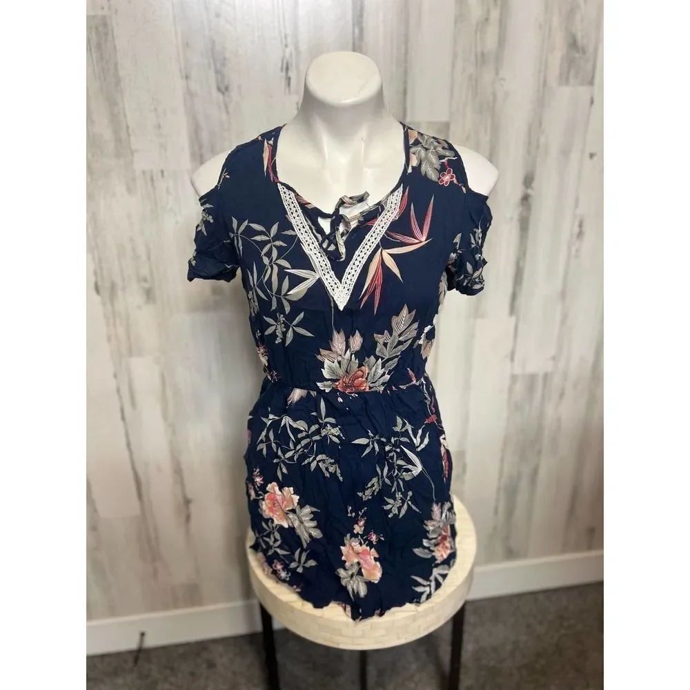 Parisian Floral Cold Shoulder Mini Dress Women’s Large Navy Blue Boho Fit